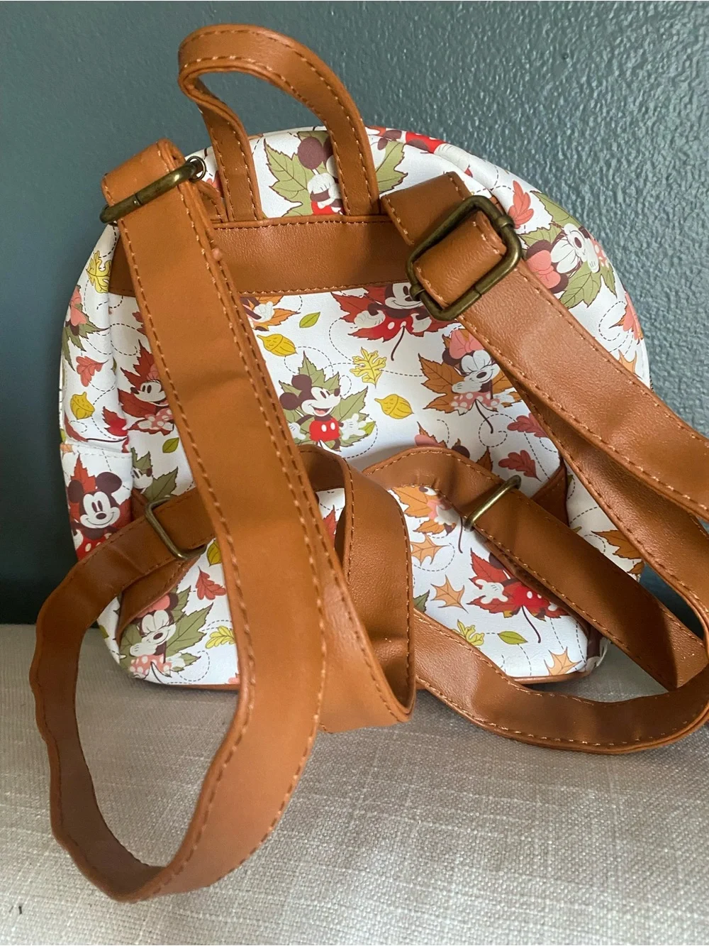 Disney Loungefly Minnie & Mickey Fall Leaf Mini Backpack - White & Brown